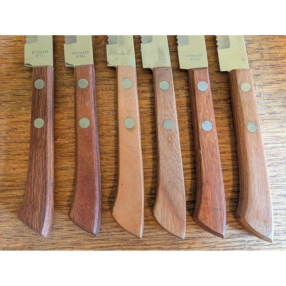 Vintage Color Craft Steak Knife Set 6pc Stainless Steel Wood Handle 1970s Retro